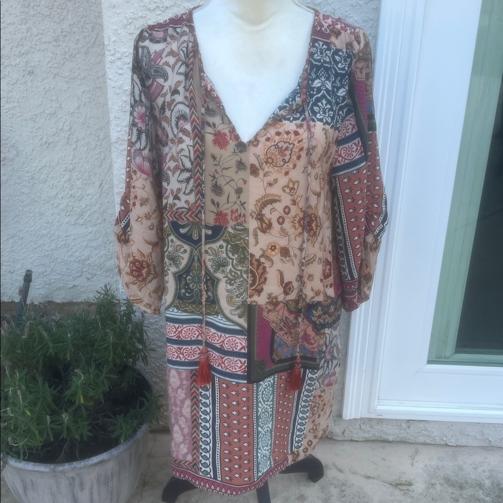 Tolani Mixed Floral Boho Tassel Ties Silk Dress Coverup Women's Size M